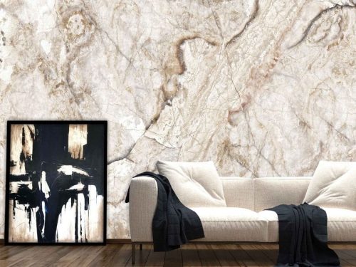 Beige Marble Wallpaper, as seen on the wall of this living room, is a rich mural of beige marble with brown veins offering a textured look from About Murals.