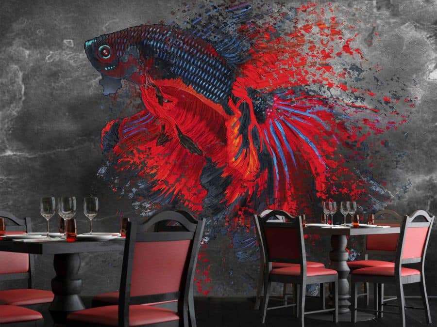 Betta Fish Wallpaper, as seen on the wall of this restaurant, is a wall mural of an abstract blue and red fish on a black background from About Murals.