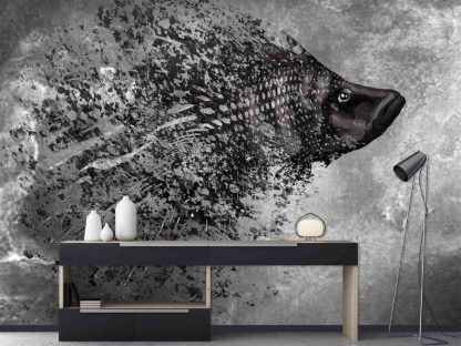 Black Fish Wallpaper, as seen on the wall of this office, is a wall mural with an abstract cichlid on a concrete effect background from About Murals.