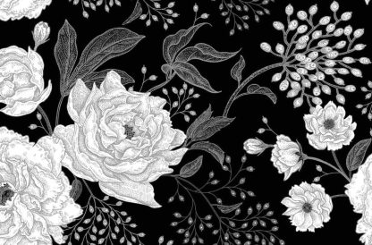 Black Peony Wallpaper is a floral mural with vintage, stippled design from About Murals.