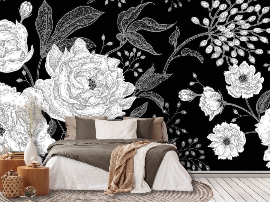 Black Peony Wallpaper, as seen on the wall of this bedroom, is a floral mural with large white and grey flowers on a dark background from About Murals.
