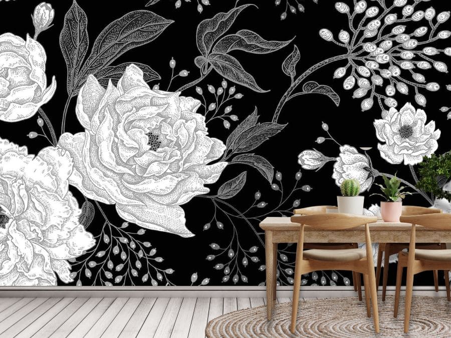 Black Peony Wallpaper, as seen on the wall of this dining room, is a floral wall mural with large gray and white flowers on a dark background from About Murals.