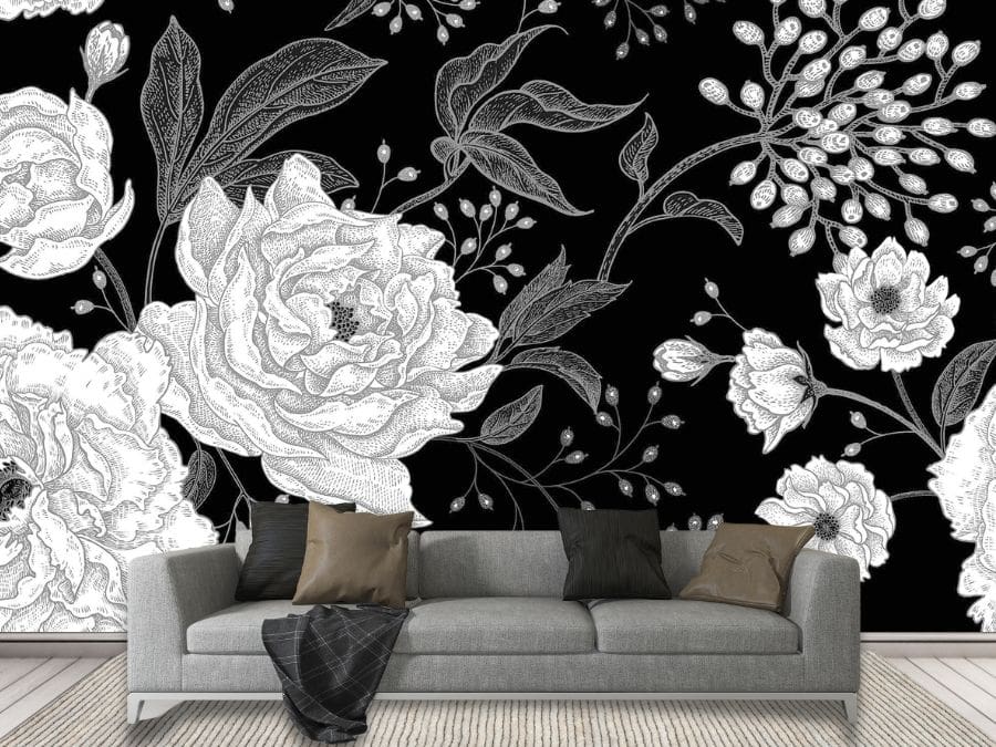 Black Peony Wallpaper, as seen on the wall of this grey living room, is a floral mural with large white flowers on a dark background from About Murals.