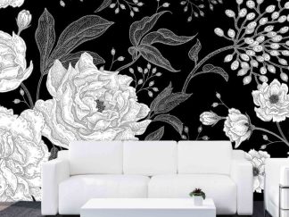 Black Peony Wallpaper, as seen on the wall of this living room, is a wall mural with big flowers on a black background from About Murals.