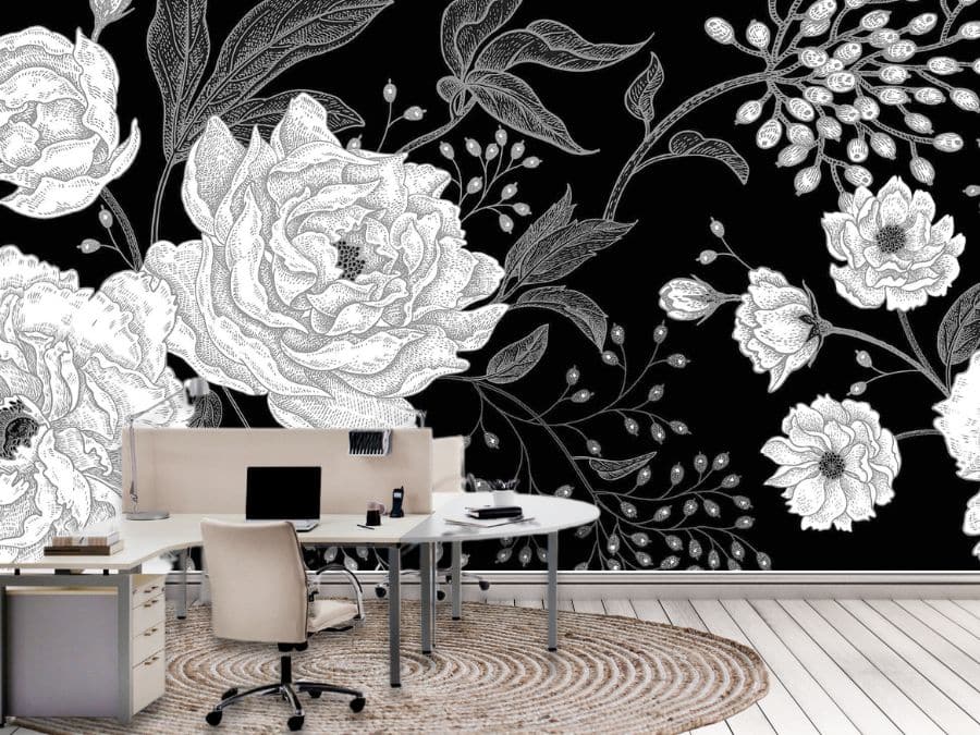 Black Peony Wallpaper, as seen on the wall of this office, is a floral wall mural with large grey flowers on a dark background from About Murals.