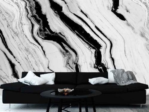 Black and Grey Marble Wallpaper, as seen on the wall of this living room, is a wall mural with large black and gray veins in white faux marble from About Murals.