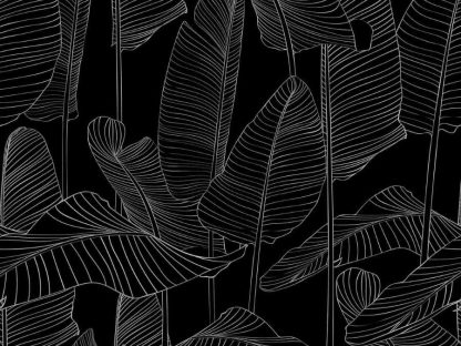 Black and White Banana Leaf Wallpaper is a mural with a white banana leaf pattern on a black background from About Murals.