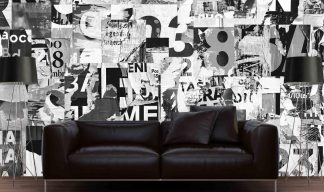 Black and White Collage Wallpaper, as seen on the wall of this living room, is a mural of torn street posters from About Murals.