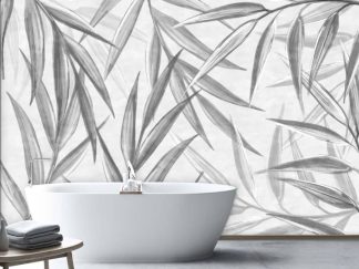 Botanical Foliage Wallpaper, as seen on the wall of this bathroom, is a wall mural with large grey leaves on a light background from About Murals.