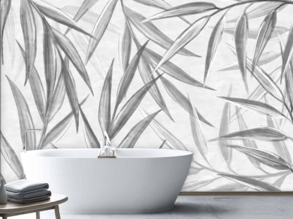 Botanical Foliage Wallpaper, as seen on the wall of this bathroom, is a wall mural with large grey leaves on a light background from About Murals.