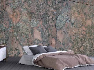 Brown Marble Wallpaper, as seen on the wall of this bedroom, is a photo mural of a cracked marble face from About Murals.