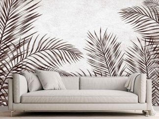 Brown Tropical Wallpaper, as seen on the wall of this living room, is a wall mural of palm leaves on a beige textured background from About Murals.