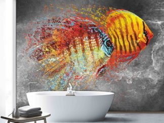 Discus Wallpaper, as seen on the wall of this bathroom, is a wall mural with two orange fish on a textured grey background from About Murals.
