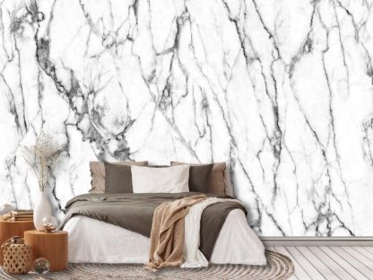 Grey and White Marble Wallpaper, as seen on the wall of this bedroom, is a high resolution photo mural of real white marble with gray veins from About Murals.