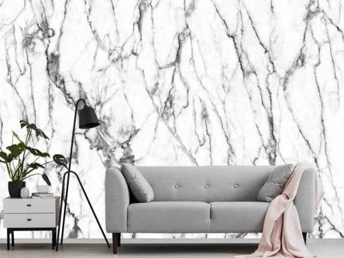 Grey and White Marble Wallpaper, as seen on the wall of this living room, is a flawless mural of white marble with gray veining from About Murals.