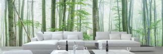 Light Green Forest Wallpaper, as seen on the wall of this living room, is a photo mural of Beech trees in a foggy forest from About Murals.
