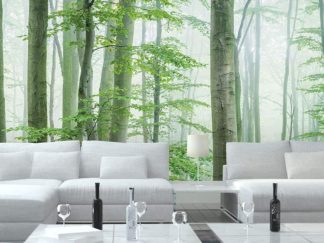 Light Green Forest Wallpaper, as seen on the wall of this living room, is a photo mural of Beech trees in a foggy forest from About Murals.