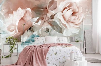 Light Pink Rose Wallpaper, as seen on the wall of this bedroom, is a floral mural with pastel roses and leaves on an abstract background from About Murals.