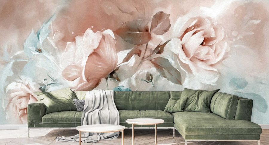 Light Pink Rose Wallpaper, as seen on the wall of this living room, is a floral mural with large oil painted roses from About Murals.