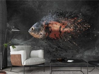 Oscar Fish Wallpaper, as seen on the wall of this living room, is a wall mural with a brown and black fish on a dark background from About Murals.
