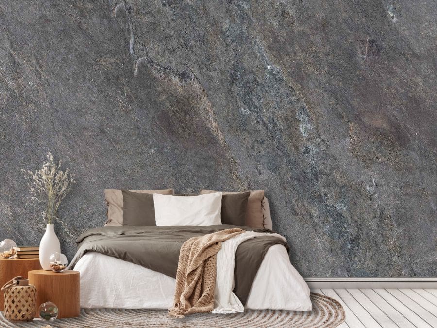 Stone Slab Wallpaper, as seen on the wall of this bedroom, is a photo wall mural of a modern granite wall full of realistic texture from About Murals.