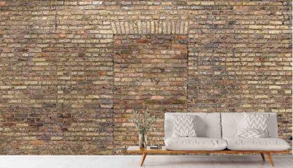 Tan Brick Wallpaper, as seen on the wall of this living room, is a high resolution photo mural of a wall with a brick door from About Murals.