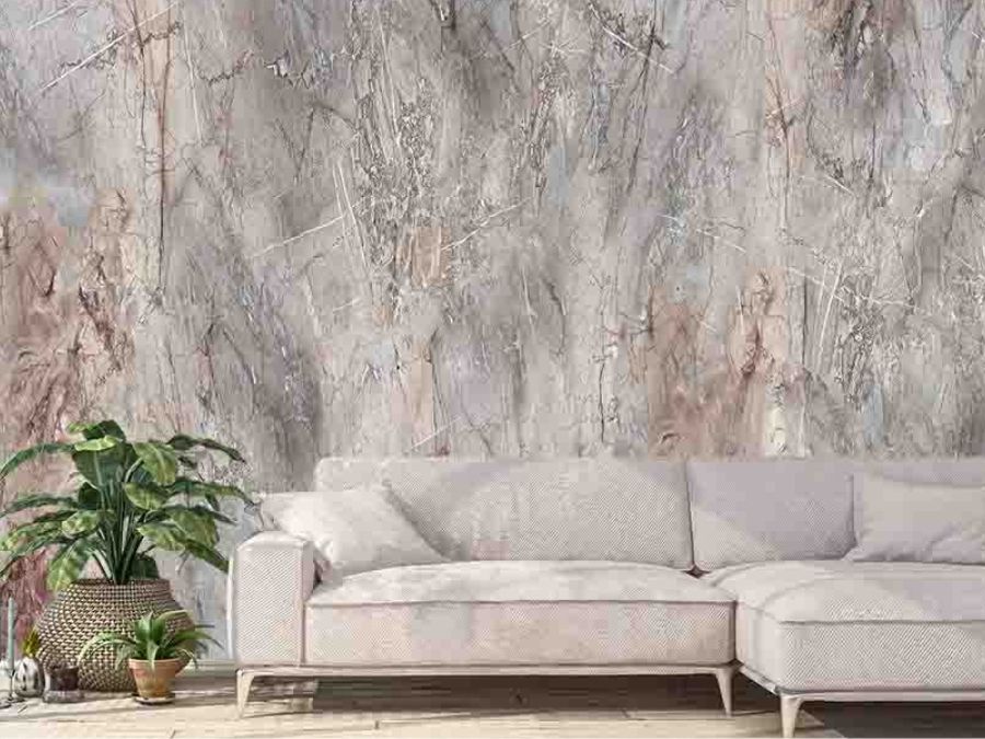 Tan Marble Wallpaper, as seen on the wall of this living room, is a classy mural with a grey and light brown pattern marble that creates a textured look from About Murals.