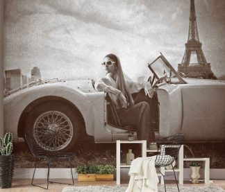 Vintage Paris Wallpaper, as seen on the wall of this living room, is a sepia photo mural of a Parisian woman sitting in a classic car near the Eiffel Tower from About Murals.