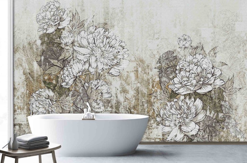 Vintage Peony Wallpaper, as seen on the wall of this bathroom, is a wall mural with white drawn flowers on a brown and grey decaying background from About Murals.
