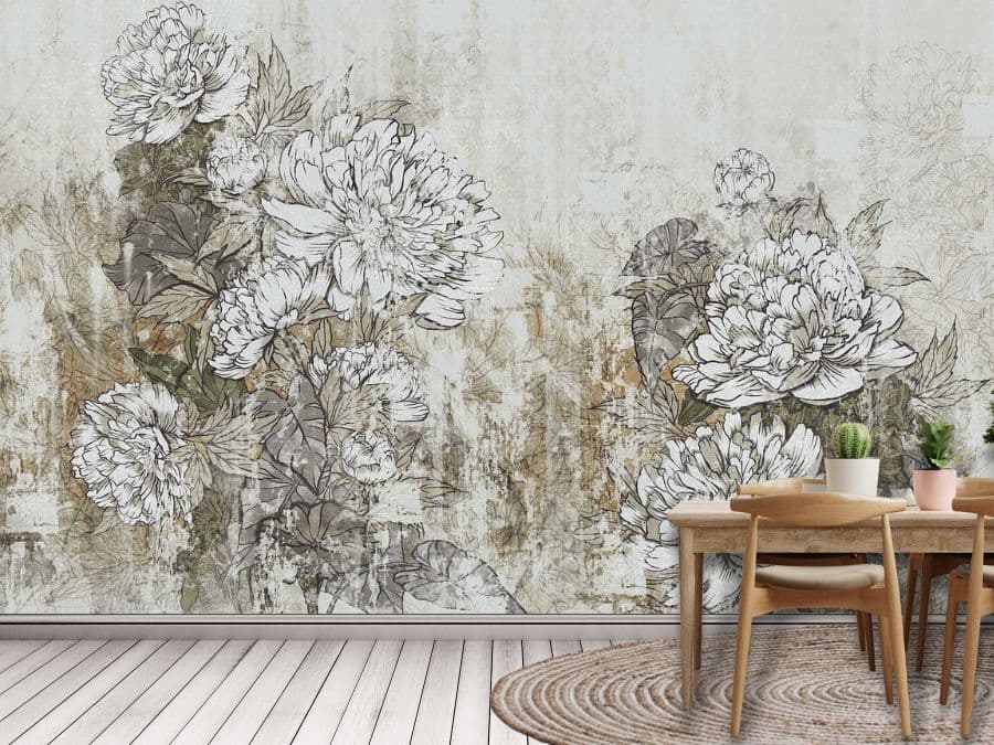 Vintage Peony Wallpaper, as seen on the wall of this kitchen, is a floral mural with big peonies outlined in black on a brown and grey texture background from About Murals.
