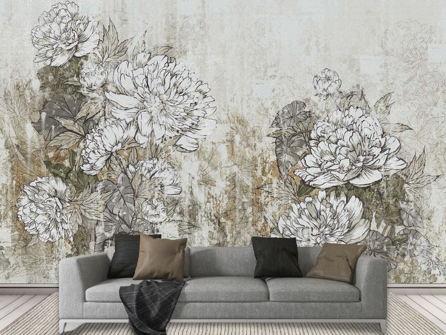 Vintage Peony Wallpaper, as seen on the wall of this living room, is a mural with large flowers on a canvas look background from About Murals.