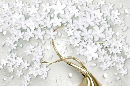 White Flower Tree Wallpaper is a wall mural with textured white flowers on the golden tree from About Murals.