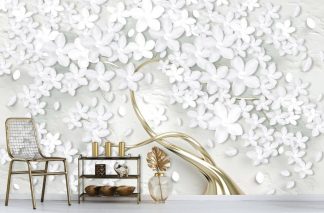 White Flower Tree Wallpaper, as seen on the wall of this office, is a wall mural with simple white flowers on a gold tree from About Murals.