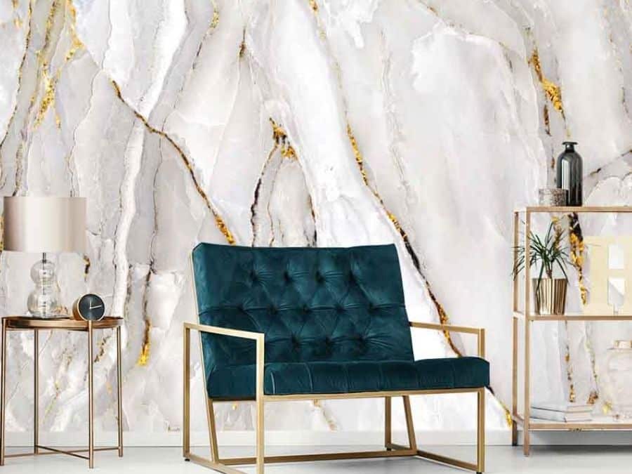 White and Gold Marble Wallpaper, as seen on the wall of this living room, is an elegant mural of white marble with gold veins from About Murals.