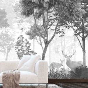 Shop wall murals, like this animal wallpaper in a living room, from About Murals.