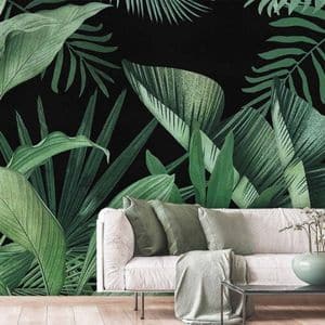 Shop wallpaper murals, like this leaf wallpaper in a living room, from About Murals.