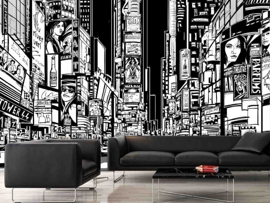 Times Square Night Wallpaper, as seen on the wall of this black living room, is a city mural created from a digital illustration of the iconic street in New York from About Murals.
