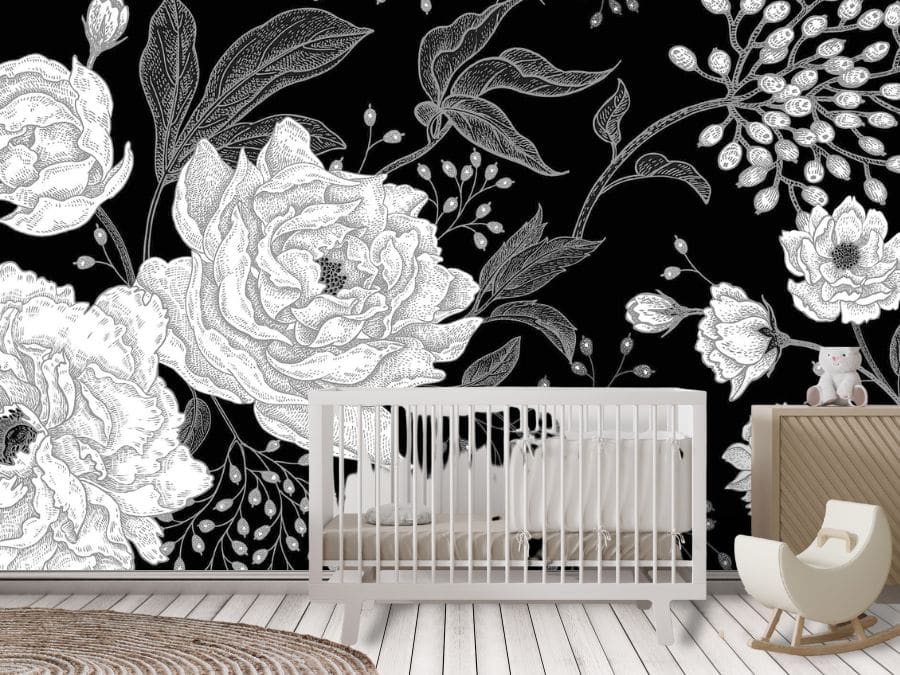 Dark Floral Wallpaper Nursery features large black and white peony flowers on a black background from About Murals.