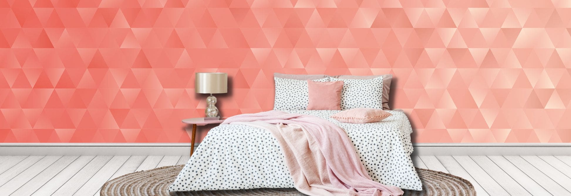 Shop Geometric Wallpaper and Geometric Wall Murals, like this pink triangle wallpaper in a bedroom, from About Murals.