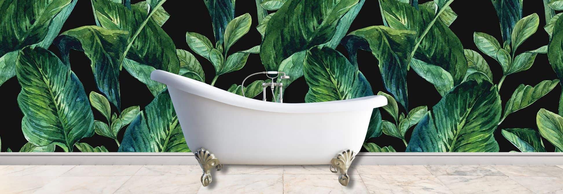 Shop Leaf Wallpaper, like this dark tropical design in a bathroom, from About Murals