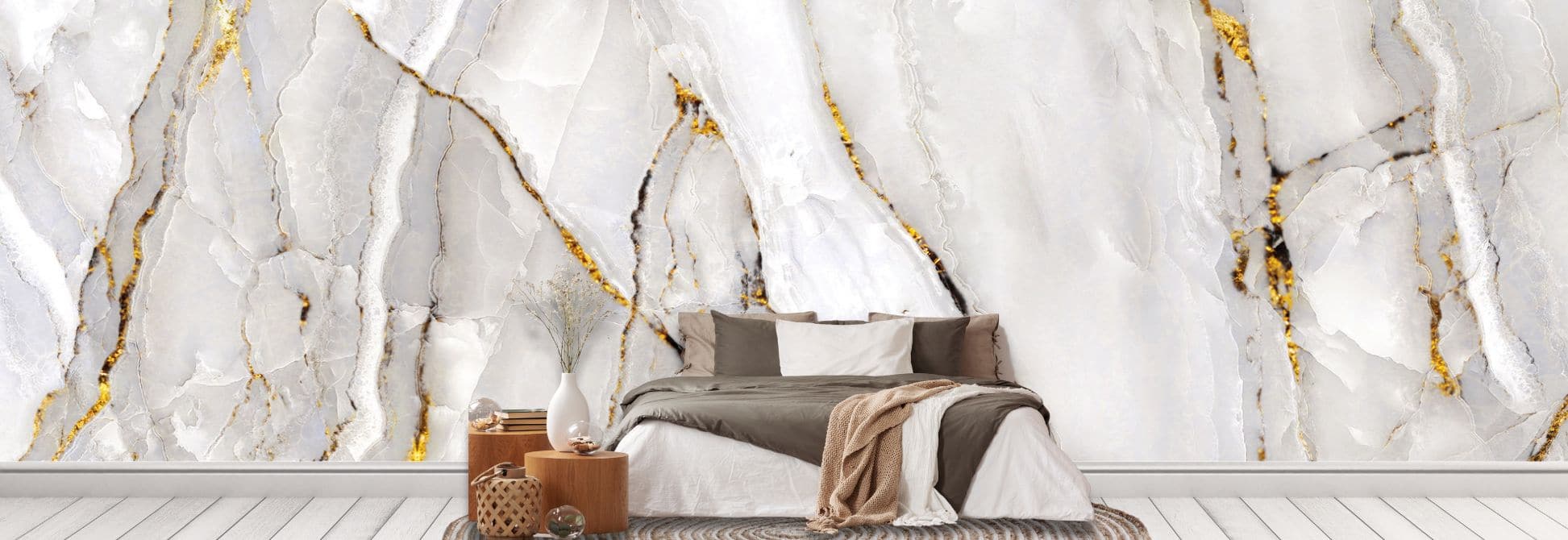 Shop marble wallpaper and marble wall murals, like this white and gold design on a bedroom wall, from About Murals.