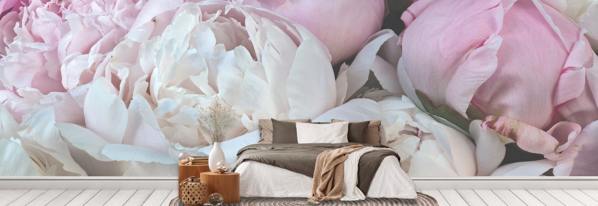 Shop Peony Flower Wallpaper, like this pink floral design on a bedroom wall, from About Murals.