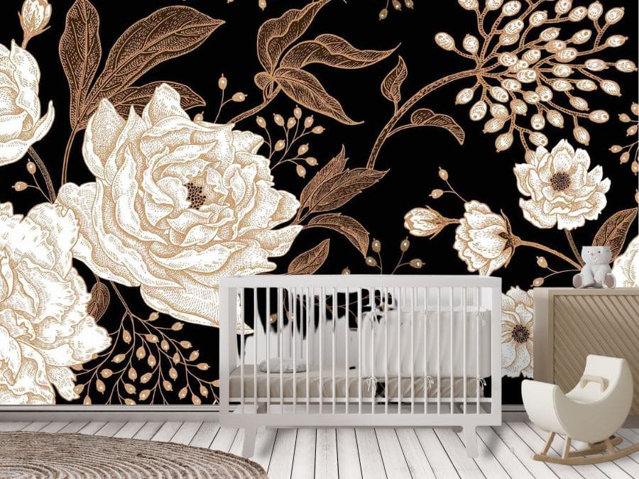 Peony Nursery Wallpaper features large cream and brown peony flowers, leaves and berries on a black background from About Murals.