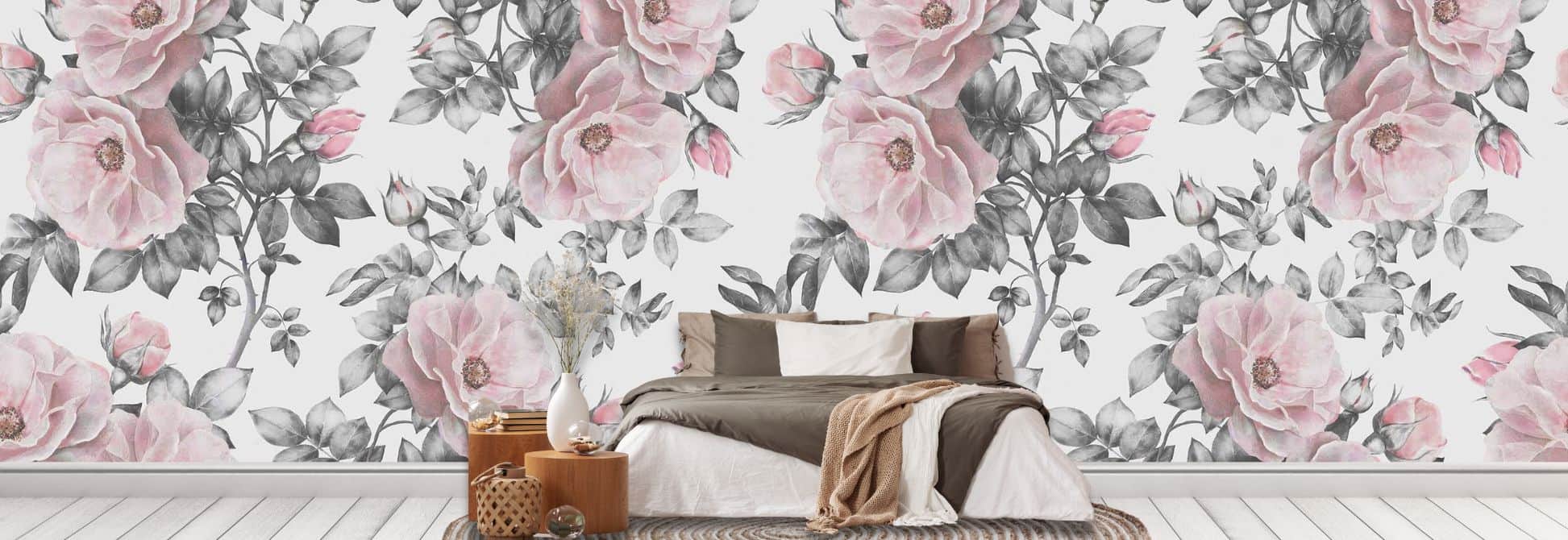 Shop Rose Wallpaper and Rose Wall Murals, like this pink floral design in a bedroom, from About Murals.
