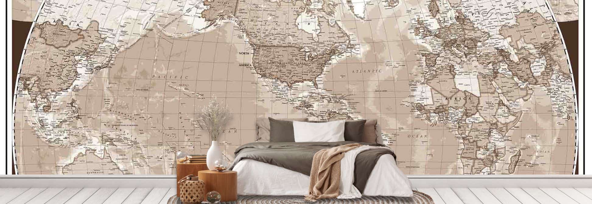 Shop World Wall Map Wallpaper, like this vintage map mural in a bedroom, from About Murals.