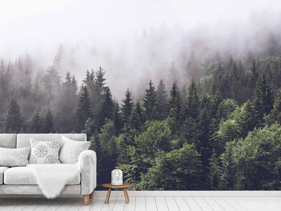Find Hamilton wallpaper, like this foggy forest wall mural in a living room, from About Murals.