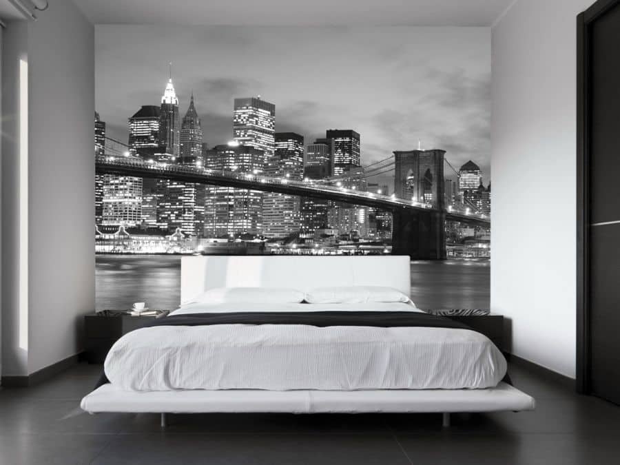 Shop Wallpaper Murals, like this black and white city wall mural in a bedroom, from About Murals.