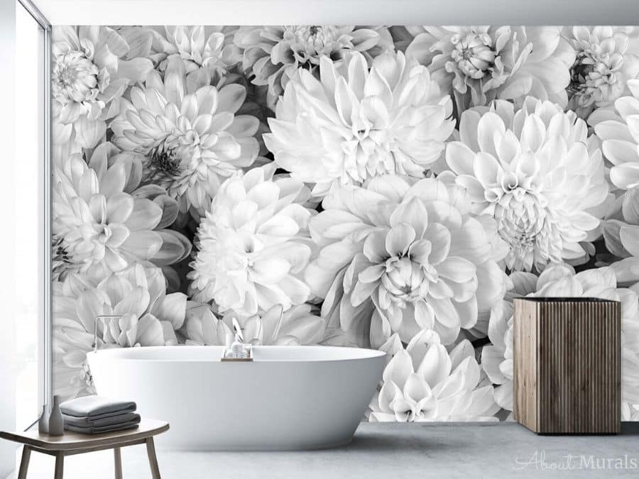 Shop wallpaper Hamilton, like this black and white flower mural in a bathroom, from About Murals.