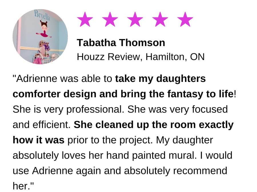 A review of a bedroom mural painter, Adrienne of About Murals, from Hamilton Ontario.