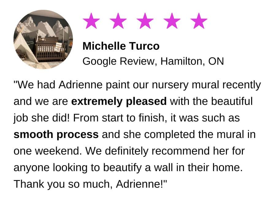 A review of a nursery mural painter, Adrienne of About Murals, from Hamilton, Ontario.